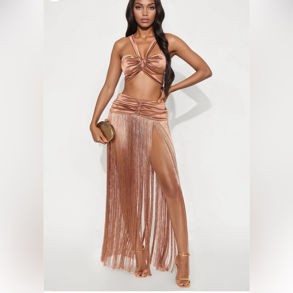 Fashion Nova Copper Fringe Maxi Skirt